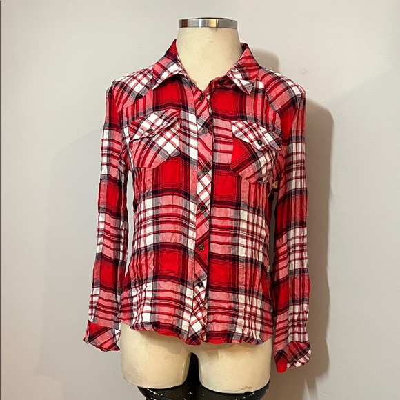 ash & ember Tops - Red Blue and White Plaid Button Down Collard Shirt for Women Soft & Casual